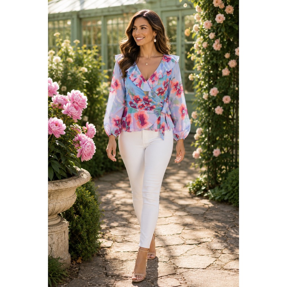 Floral Wrap Peplum Blouse Blue Pink Ruffle V Neck Long Sleeve Small